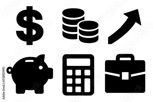 Finance silhouette icon set. featuring dollar, coins, growth, piggy bank, calculator, and briefcase symbols
