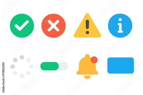 Notification and alert symbols flat icon set. featuring tick, cross, warning, info, loading, minus, bell, badge