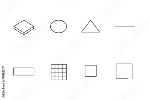 Geometric shapes silhouette icon set. featuring diamond, circle, triangle, line, rectangle, grid, square
