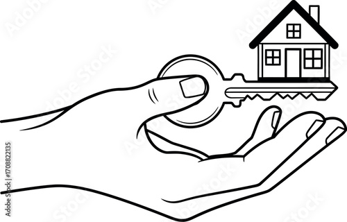 Hand holding a key with a house on its tip, symbolizing home ownership and new beginnings