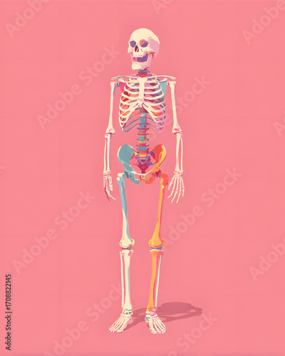 Anatomical illustration of a human skeleton with colorful bones.