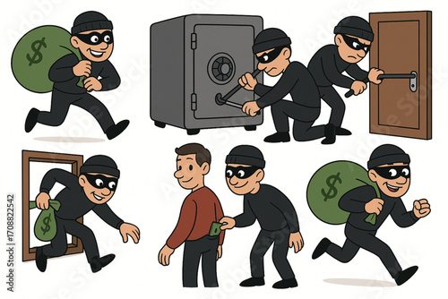 Cartoon vector illustration of burglars and thieves in action, stealing money