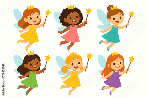 Cute vector illustration of six fairy girls with wings, crowns, and magic wands