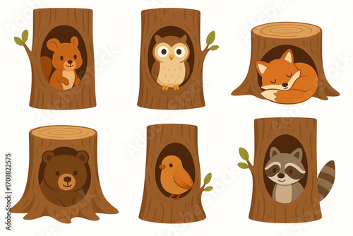 Set of cartoon animals in hollow tree trunks and stumps with squirrel, owl, fox, bear, bird, and raccoon