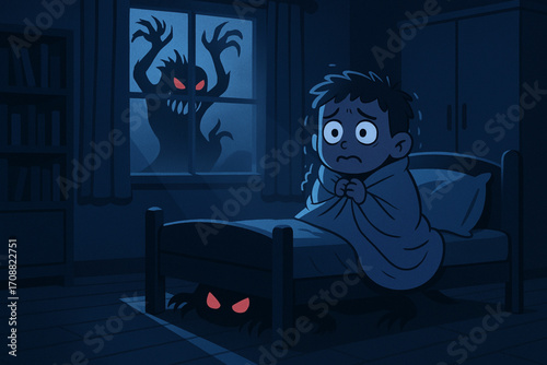 Vector illustration of child scared in bedroom at night with monsters under the bed and shadows
