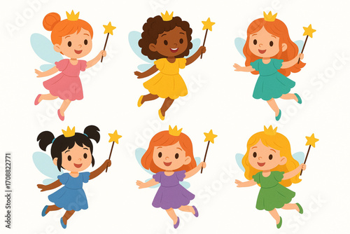 Cute vector illustration of six fairy girls with wings, crowns, and magic wands