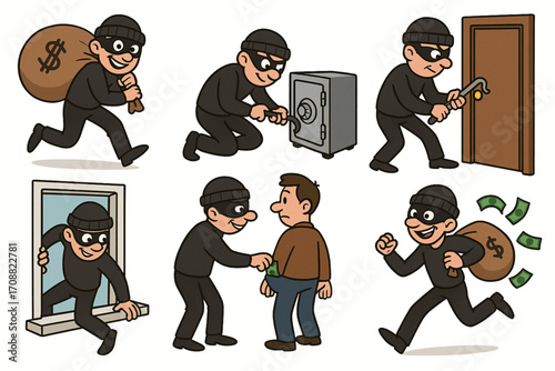 Cartoon vector illustration of burglars and thieves in action, stealing money