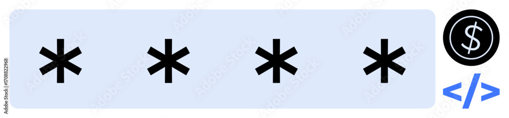 Fototapeta premium Asterisks symbolize password, dollar sign represents payment, coding brackets signify encryption. Ideal for cybersecurity, finance, payment security, data privacy, coding, software online
