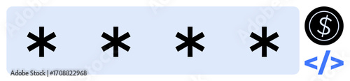 Asterisks symbolize password, dollar sign represents payment, coding brackets signify encryption. Ideal for cybersecurity, finance, payment security, data privacy, coding, software online