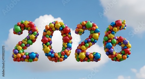 Colorful 2026 A Festive Celebration in the Sky with Balloons and Stars