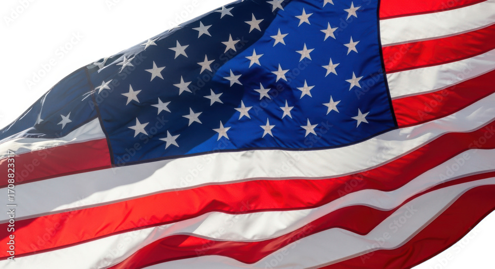 Fototapeta premium Close up of the american flag waving majestically in the wind isolated on transparent background