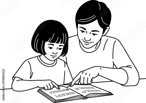Caring father patiently teaching his daughter to read from a book