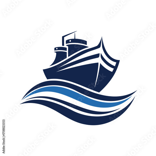 Stylized dark blue ship sailing on abstract blue waves