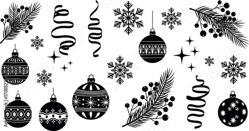 Festive collection of Christmas ornaments, snowflakes, and pine branches