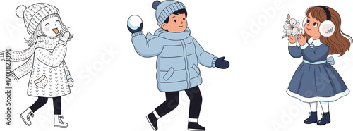 Cute kids playing in winter clothes, snowball fight, winter fun, cozy scarves, hats, mittens, joyful children, holiday season illustration.