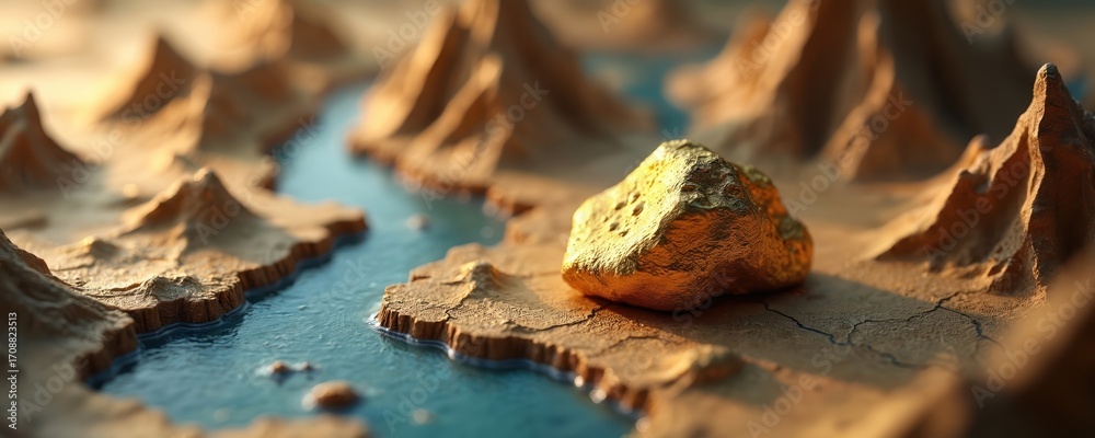 3D fantasy map detail showing mountains, rivers, prominent gold nugget. Miniature world suggests adventure quests, treasure hunts, resource discovery, perfect for game design thematic projects.