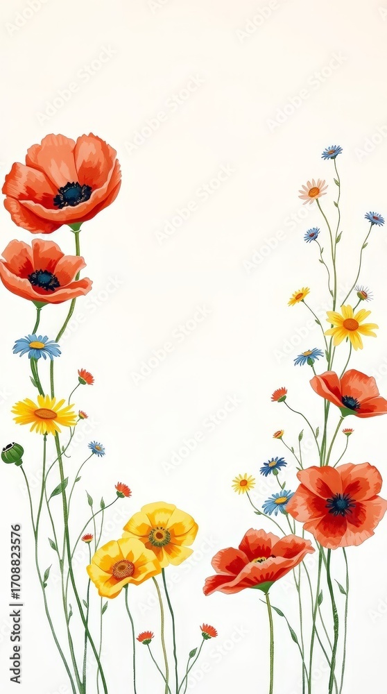 Obraz premium Delicate watercolor vertical floral frame with wildflowers and blank space in the center_13
