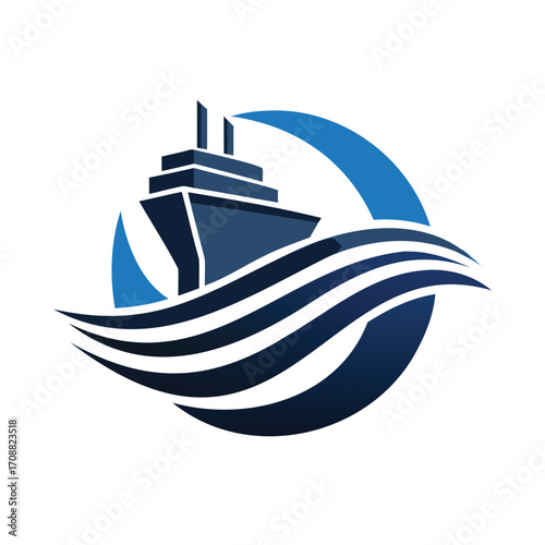 Modern ship sailing through stylized waves and crescent moon