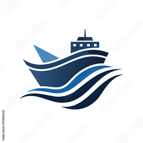 Stylized blue ship sailing through wavy waters