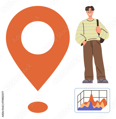 Young man carrying a bag standing beside a large location pin and a colorful 3D graph. Ideal for themes thumbs up navigation, travel, data analysis, technology, education, statistics, and planning