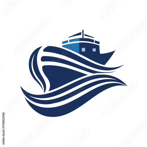 Modern blue ship silhouette sailing through stylized waves