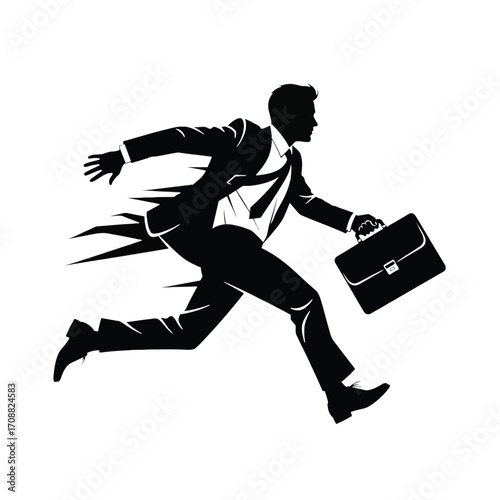 Dynamic silhouette of a businessman running urgently with briefcase in action silhouette