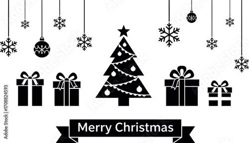 Festive holiday scene with a decorated Christmas tree, gifts, and snowflakes, wishing merry Christmas