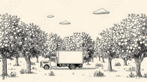 White truck in an apple orchard picturesque scene countryside transportation harvest.
