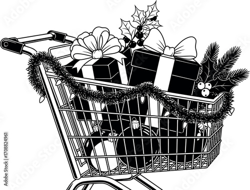 Festive shopping cart overflowing with Christmas gifts and decorations, ready for holiday cheer.