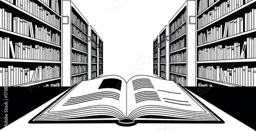 Open book in library aisle surrounded by shelves filled with knowledge