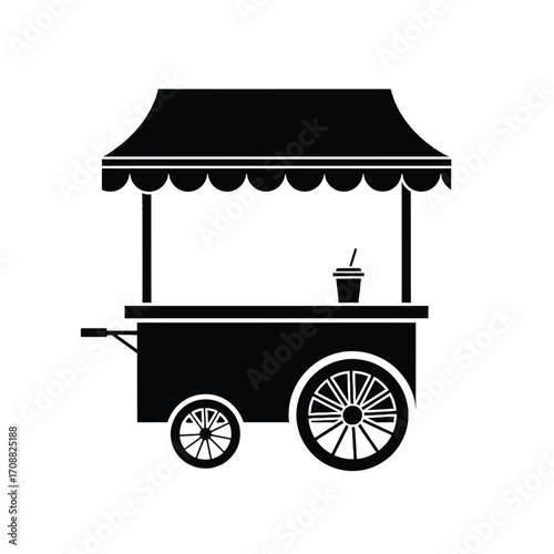 Simple silhouette of a vintage food cart with drinks and wheels for street food sales silhouette