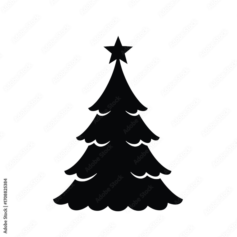 Obraz premium Classic silhouette christmas tree with star topper vector icon for holiday decorations and festive designs silhouette