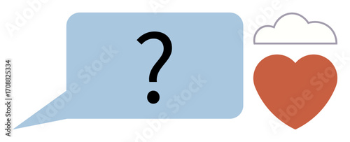 Blue speech bubble with a question mark, red heart, and outlined cloud. Ideal for communication, love, emotion, introspection, decisions relationships and mindfulness. Simple flat metaphor