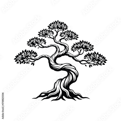 Detailed vector illustration of a twisted ancient bonsai tree with intricate branches and roots silhouette