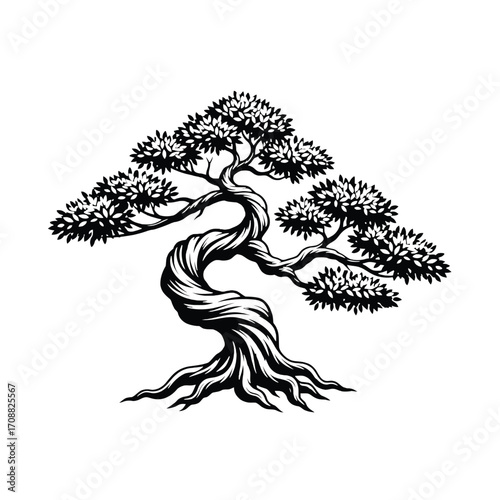 Stylized hand drawn twisted bonsai tree illustration art nature element silhouette