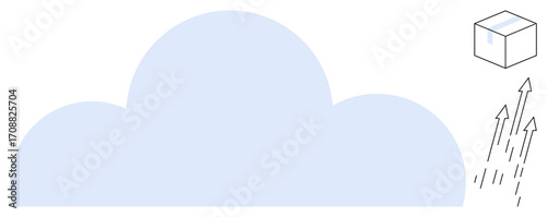 Cloud with arrows pointing upward toward a box representing data upload. Ideal for technology, storage, backup, transfer, synchronization, innovation, efficiency. Simple flat metaphor