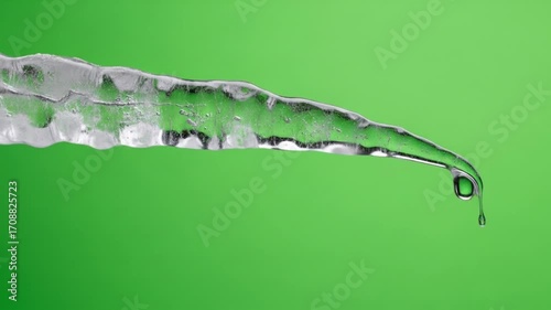Melting icicle drips water in vibrant green studio, capturing winter's transition.
