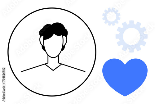 Minimalist person outline encircled, adjacent blue heart, and gears. Ideal for teamwork, collaboration, growth, compassion, self-improvement care productivity. Clean simple flat metaphor