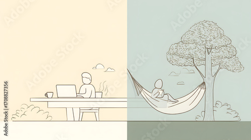 Man working on laptop at desk and person relaxing in hammock under tree.