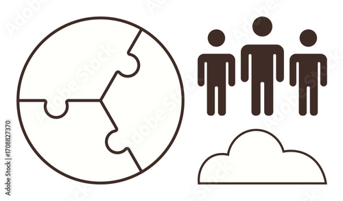 Puzzle globe representing unity, three people symbolizing teamwork, cloud for connectivity. Ideal for teamwork, global collaboration, networking, innovation, unity cloud computing connectivity. A
