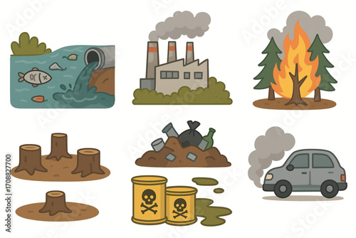 Flat vector illustration of environmental pollution with ecological problems icons