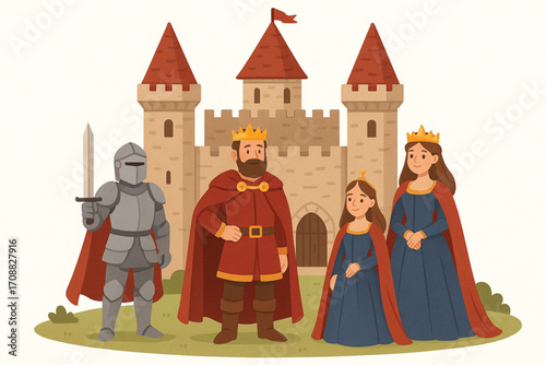 Flat cartoon illustration of medieval castle with king, queen, and knight characters