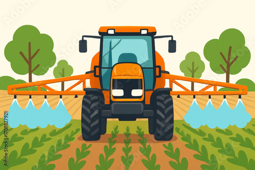 Flat vector illustration of agricultural tractor spraying crops with pesticides