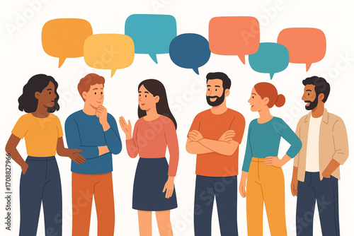 Flat vector illustration of diverse people talking with speech bubbles, casual style