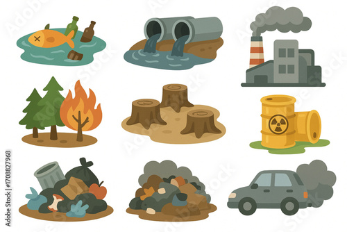 Flat vector illustration of environmental pollution with ecological problems icons