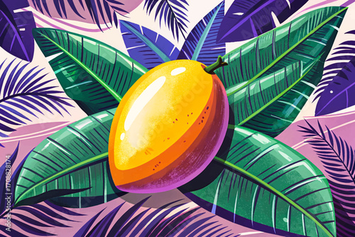 Fresh tropical ripe mango beautifully vector placed between green banana leaves, natural exotic fruit presentation, healthy organic cuisine, gourmet island platter, cultural traditional design