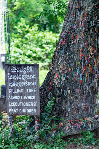 Killing tree at choeung ek genocidal center showing remnants of khmer rouge regime