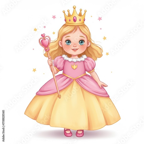 Ggirl princess character in pink and yellow gown and crown, holding scepter. Children's game, imagination and fairytale