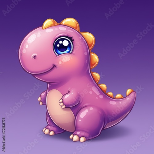 Purple dinosaur character with large eyes and smiling expression. Paleontology for kids. Decoration for baby shower, kindergarten