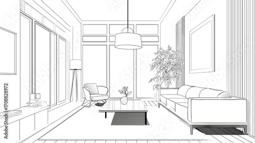 Modern living room interior design sketch with furniture and decor.